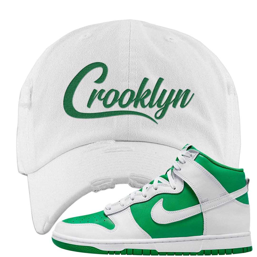 White Green High Dunks Distressed Dad Hat | Crooklyn, White