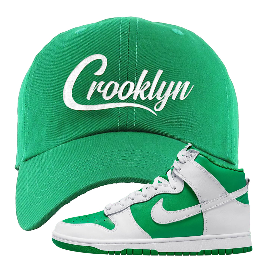 White Green High Dunks Dad Hat | Crooklyn, Kelly Green