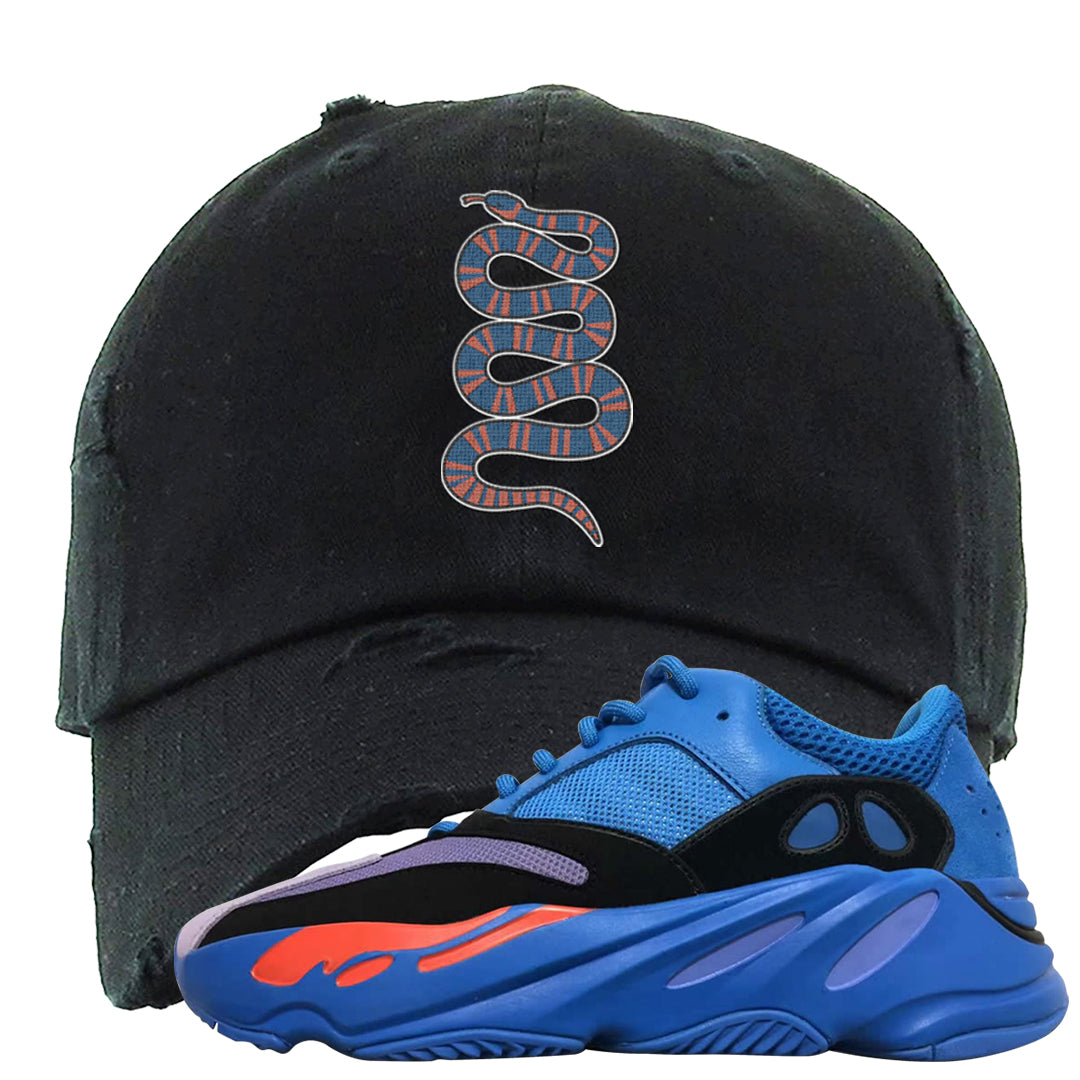 Hi Res Blue 700s Distressed Dad Hat | Coiled Snake, Black