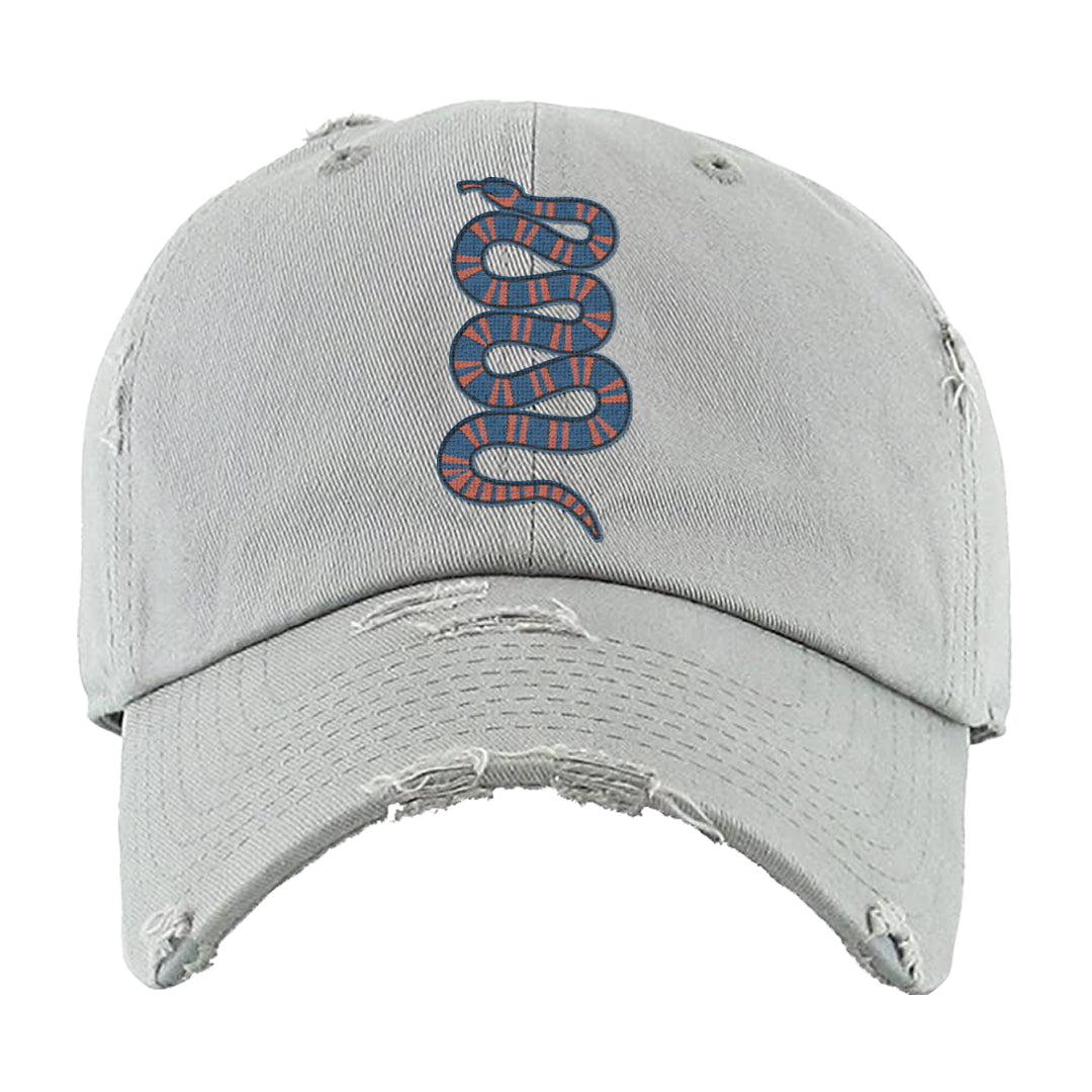 Hi Res Blue 700s Distressed Dad Hat | Coiled Snake, Light Gray