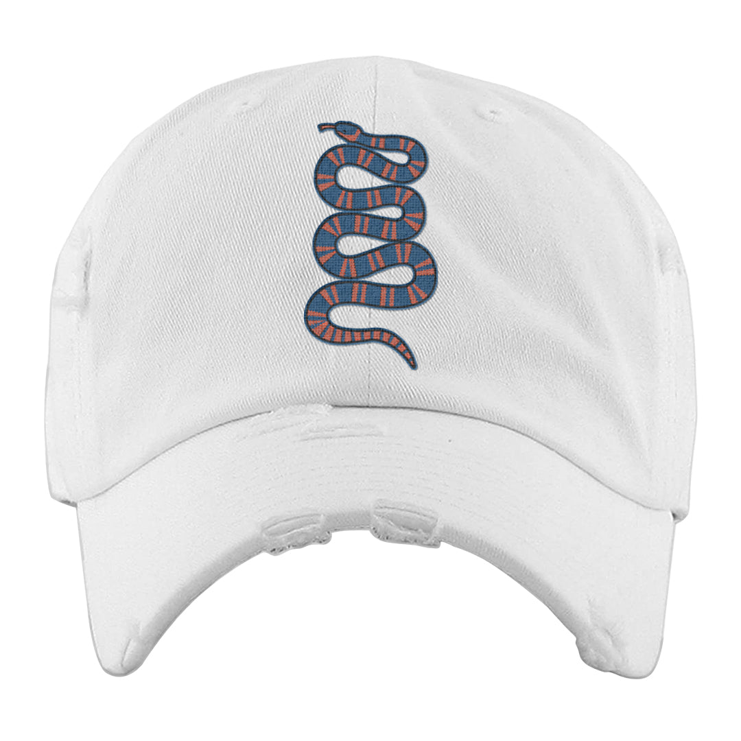 Hi Res Blue 700s Distressed Dad Hat | Coiled Snake, White