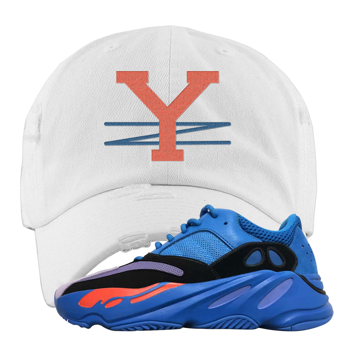 Hi Res Blue 700s Distressed Dad Hat | YZ, White