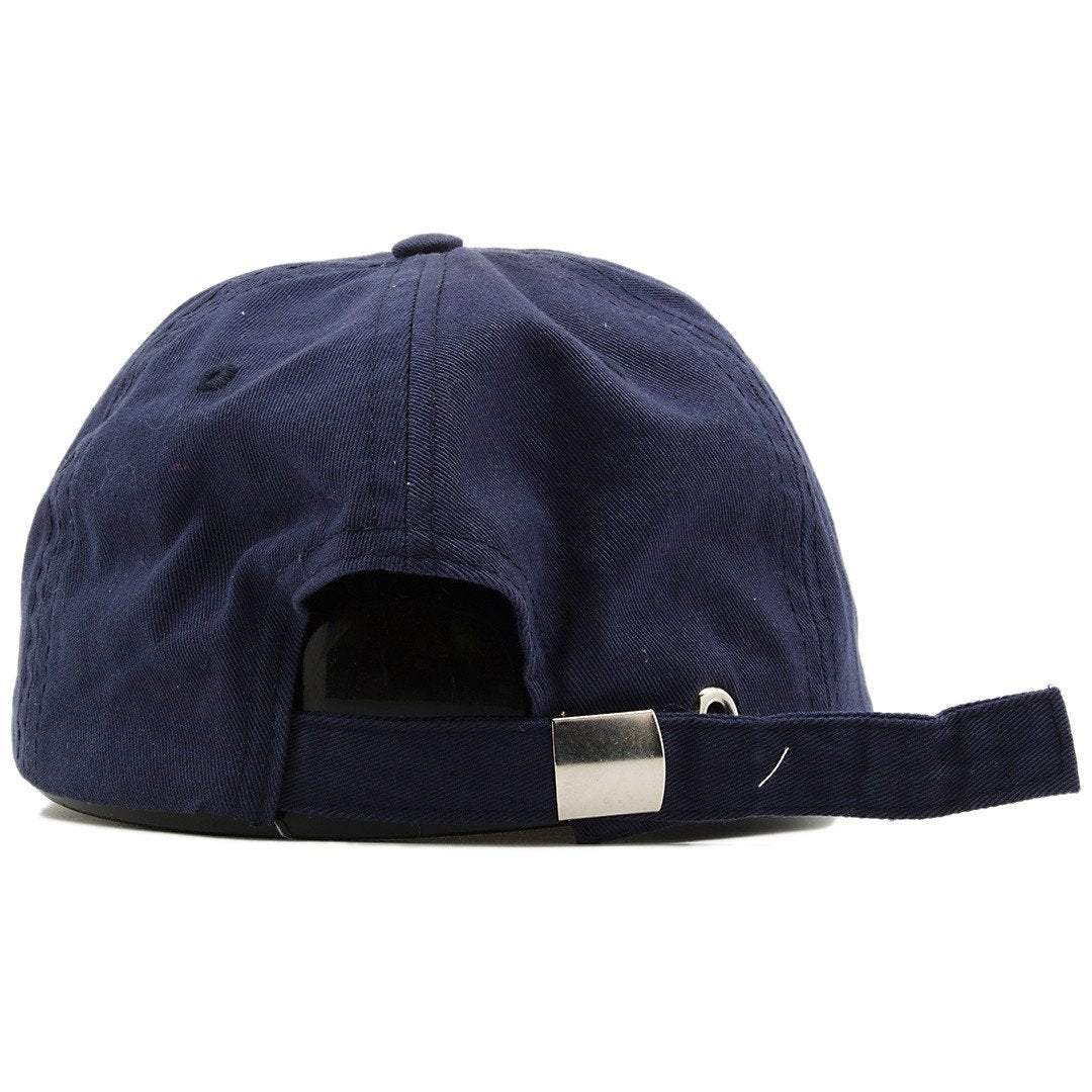 on the back of the jordan 4 dunk from above dad hat is a navy blue adjustable strap