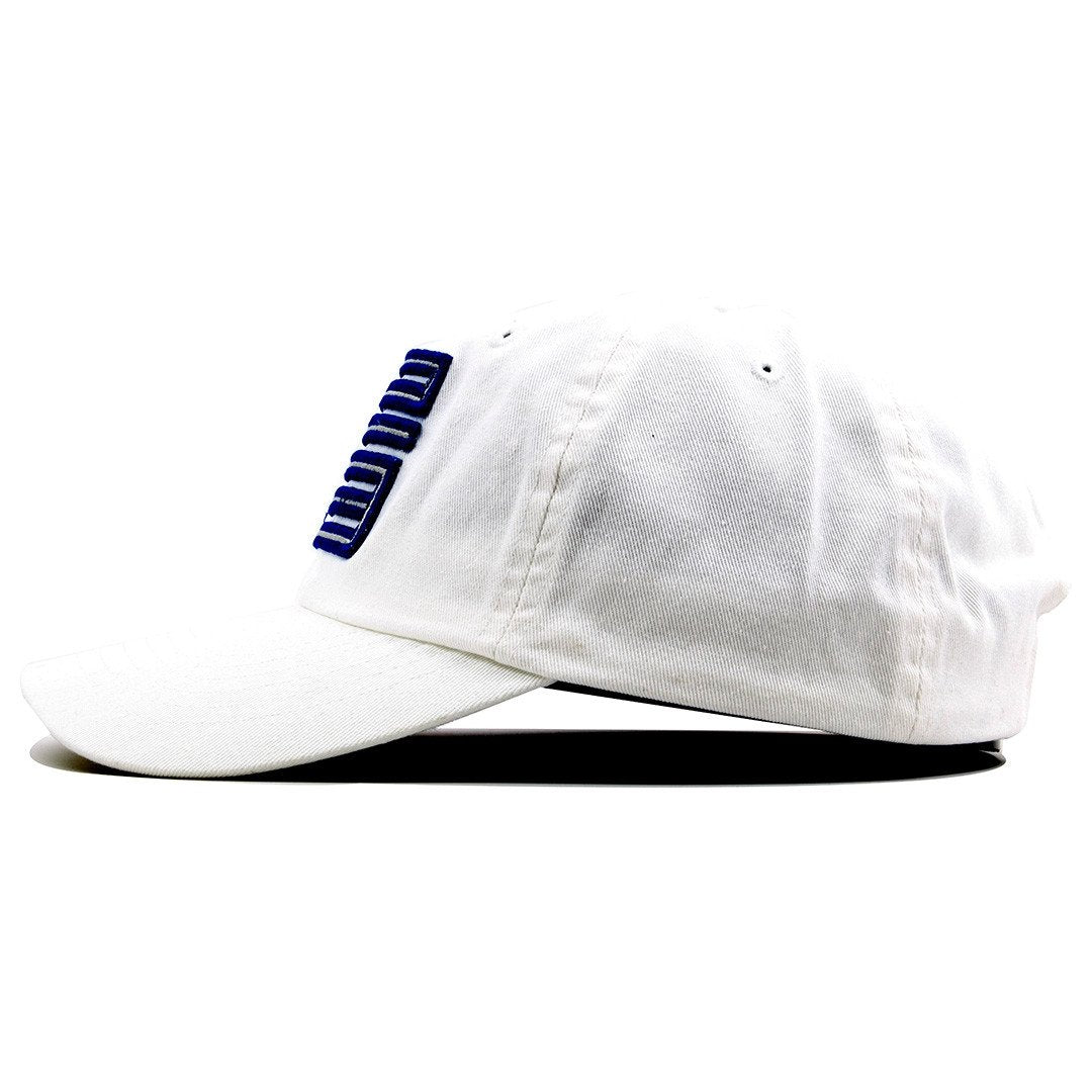 the french blue jordan 12 matching 23 ball cap dad hat has a white crown and a white brim
