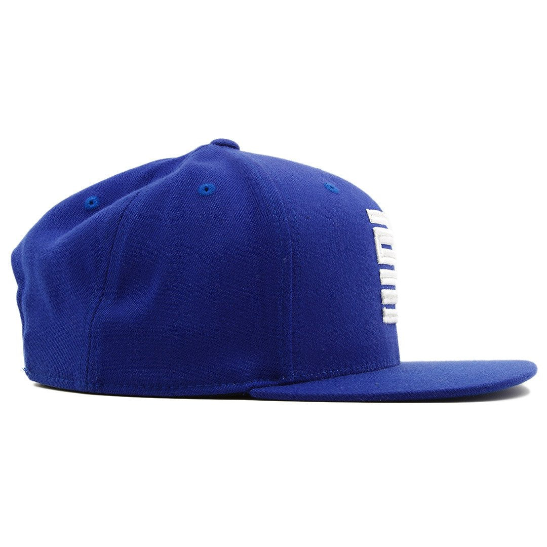 the french blue jordan 12 matching 23 snapback hat has a blue crown and a blue flat brim