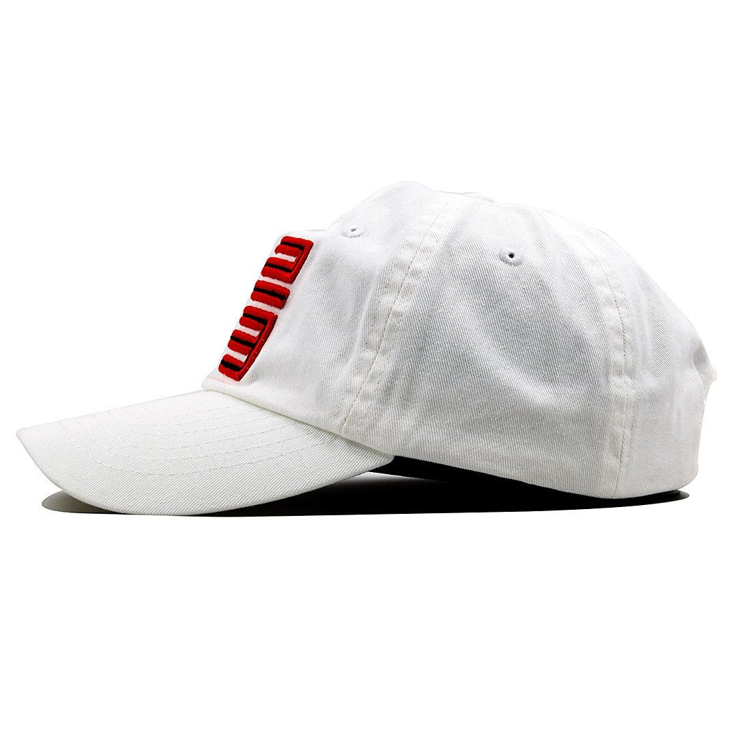 the fire red jordan 5 matching 23 ball cap dad hat is solid white with a soft crown and a bent brim