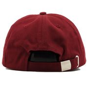 The back of the Allah dad hat is maroon and has an adjustable maroon strap with metallic buckle.
