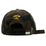The back of the All Seeing Eye Illuminati Camouflage dad hat features the Foot Clan bonsai tree embroidered in metallic gold, an adjustable strap and a metallic buckle.
