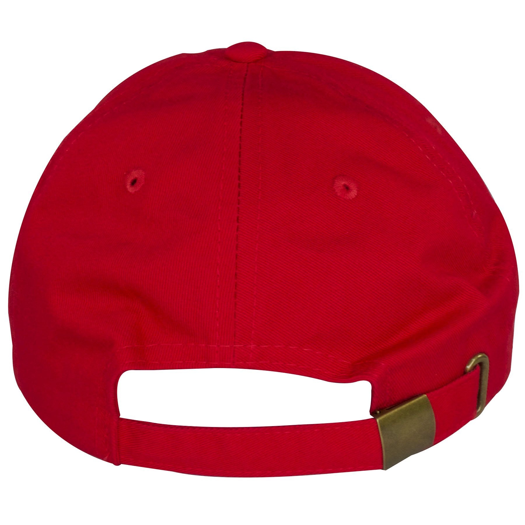 The back of this Jordan 11 96 Red Hat shows an adjustable red buckle strap.