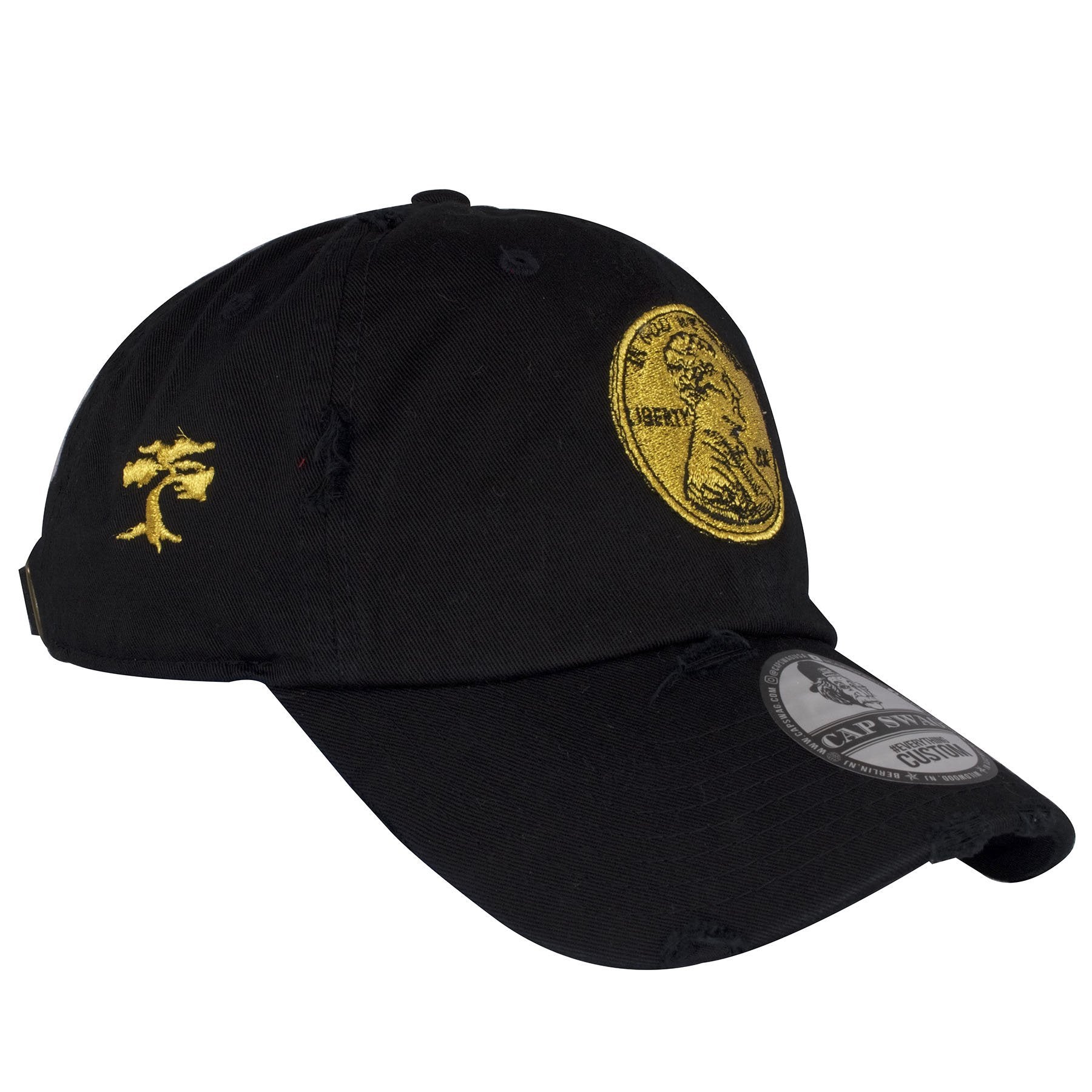 on the right side of the gold metallic foamposite sneaker matching distressed dad hat is a gold foot clan bonsai tree