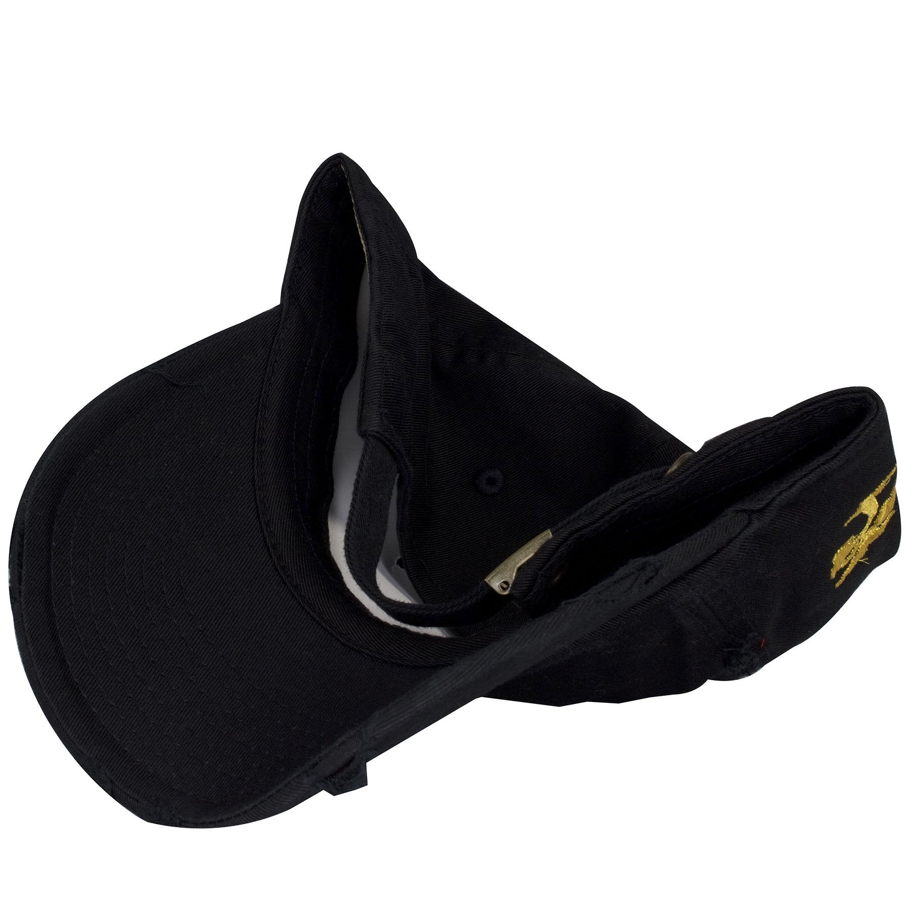 the under brim of the golden foams sneaker matching distressed dad hat is black