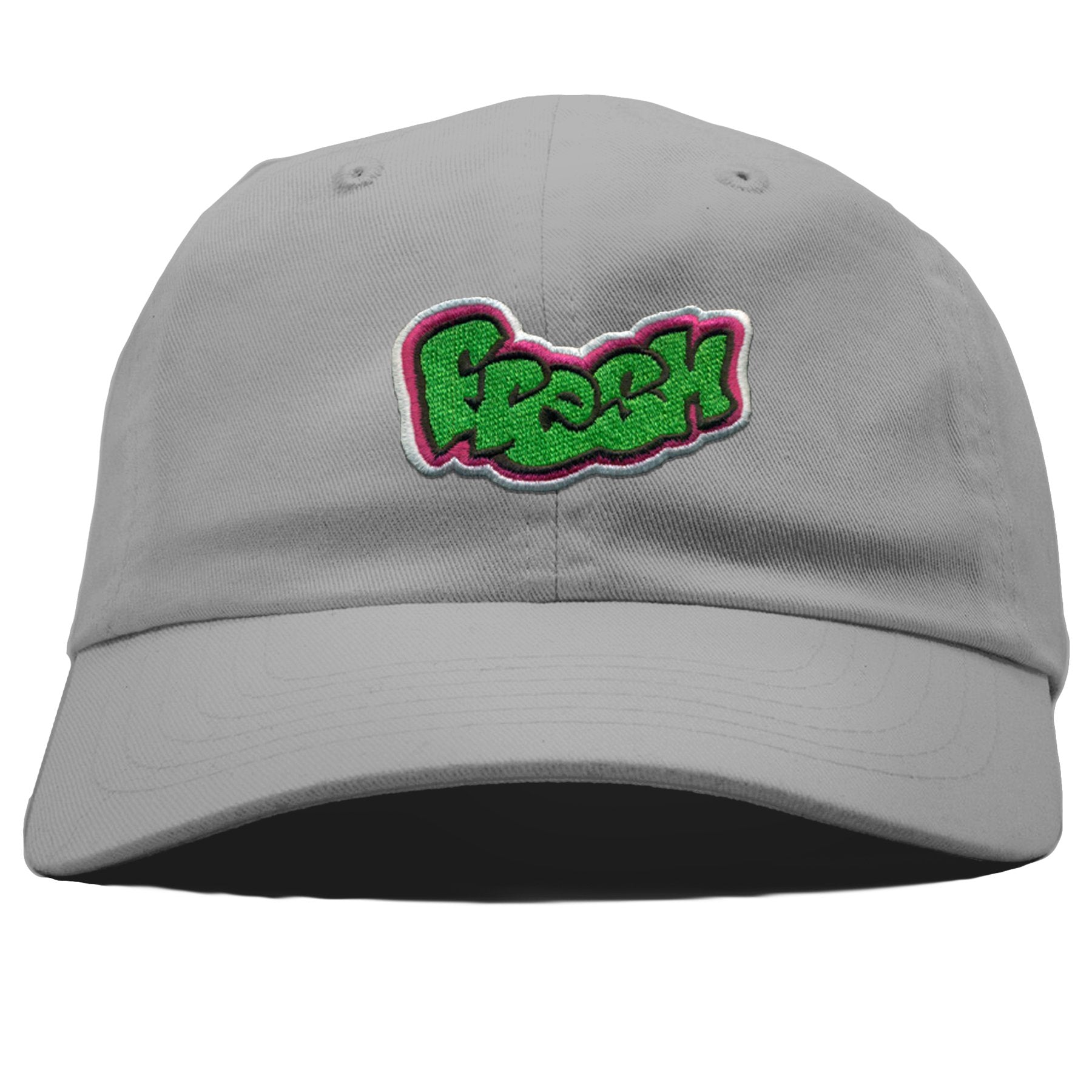 on the front of the Fresh Prince of Bel Air inspired Fresh dad hat, the word Fresh is embroidered in green, black, pink and white on a light gray dad hat