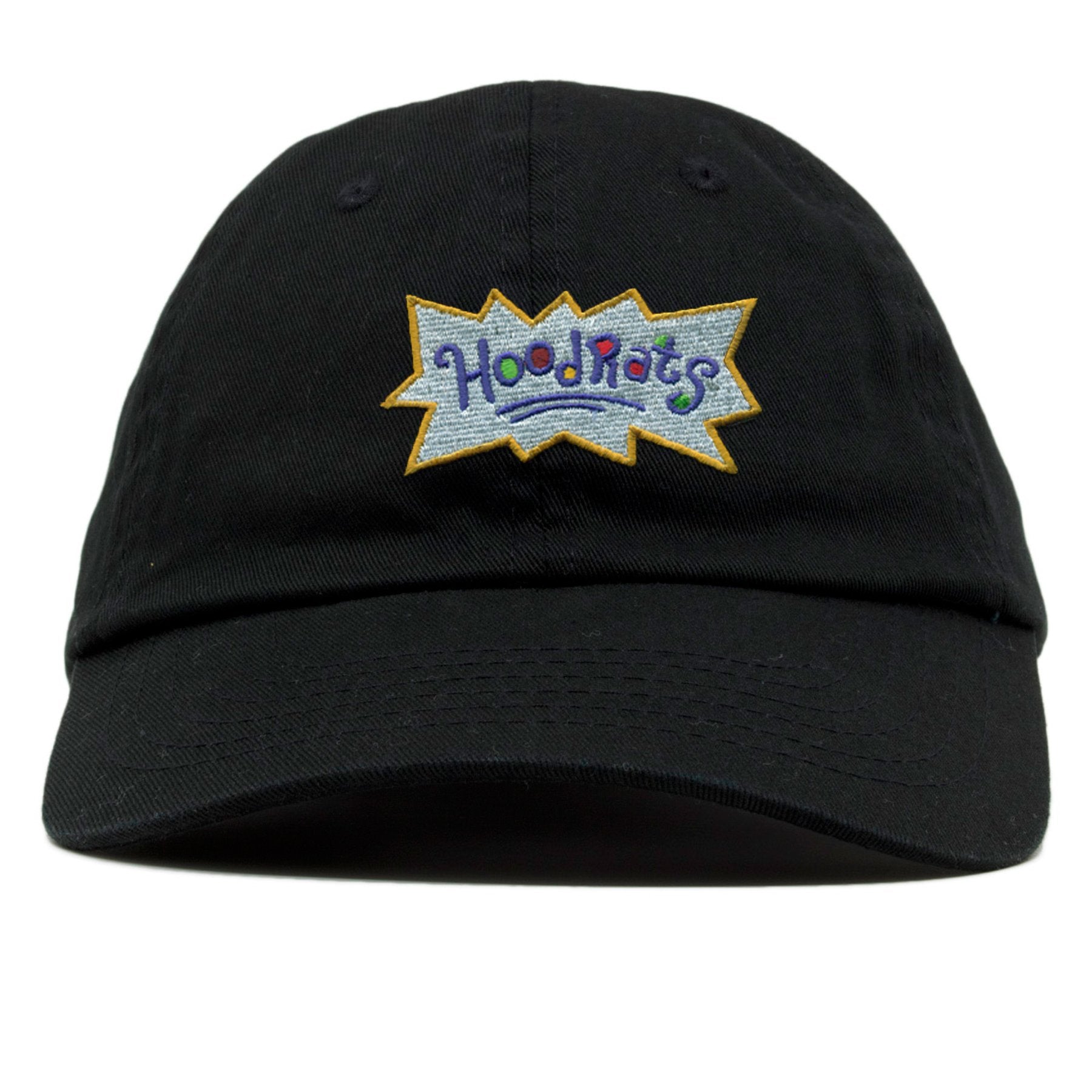 on the front of the hood rats dad hat, the rugrats inspired hoodrats logo is embroidered