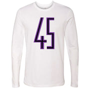 Printed on the front of the Jordan 11 Concord 45s sneaker matching longsleeve white t-shirt is the Jordan 45 logo printed in purple and black