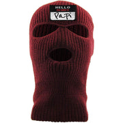 Embroidered on the front of the maroon 3 hole ski mask is the hello my name is papi logo embroidered in black, white, and red