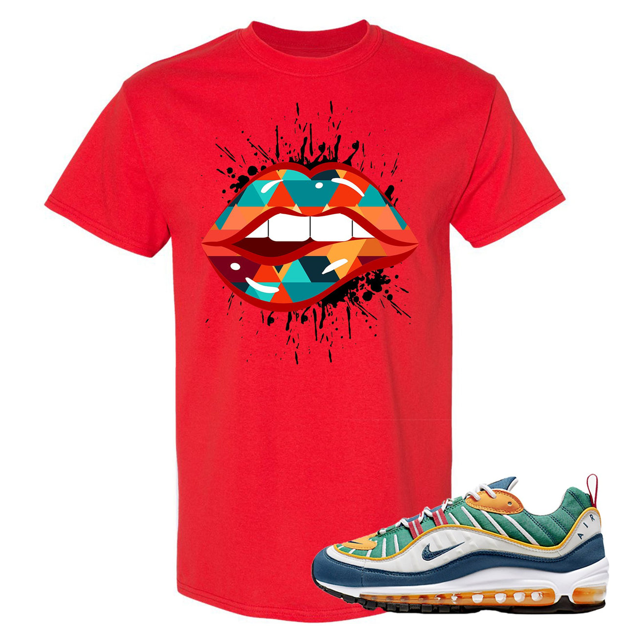 Multicolor 98s T Shirt | Lips Geometric Design, Red