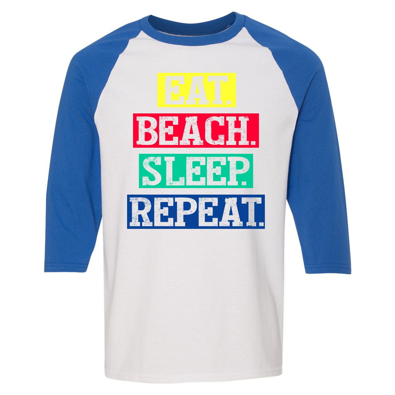 Bauhaus React 270s Raglan T Shirt | Eat Beach Sleep Repeat, White and Royal Blue