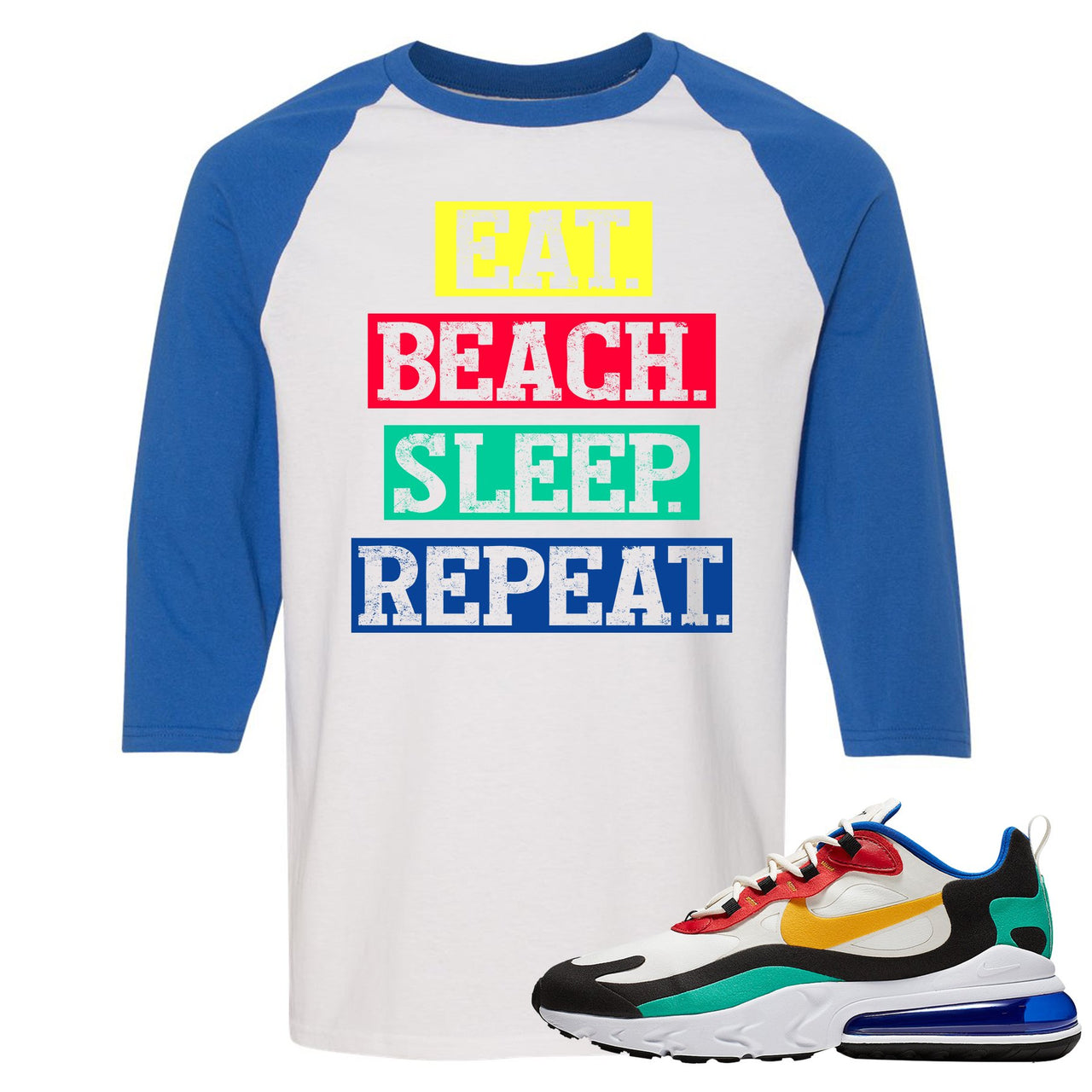 Bauhaus React 270s Raglan T Shirt | Eat Beach Sleep Repeat, White and Royal Blue