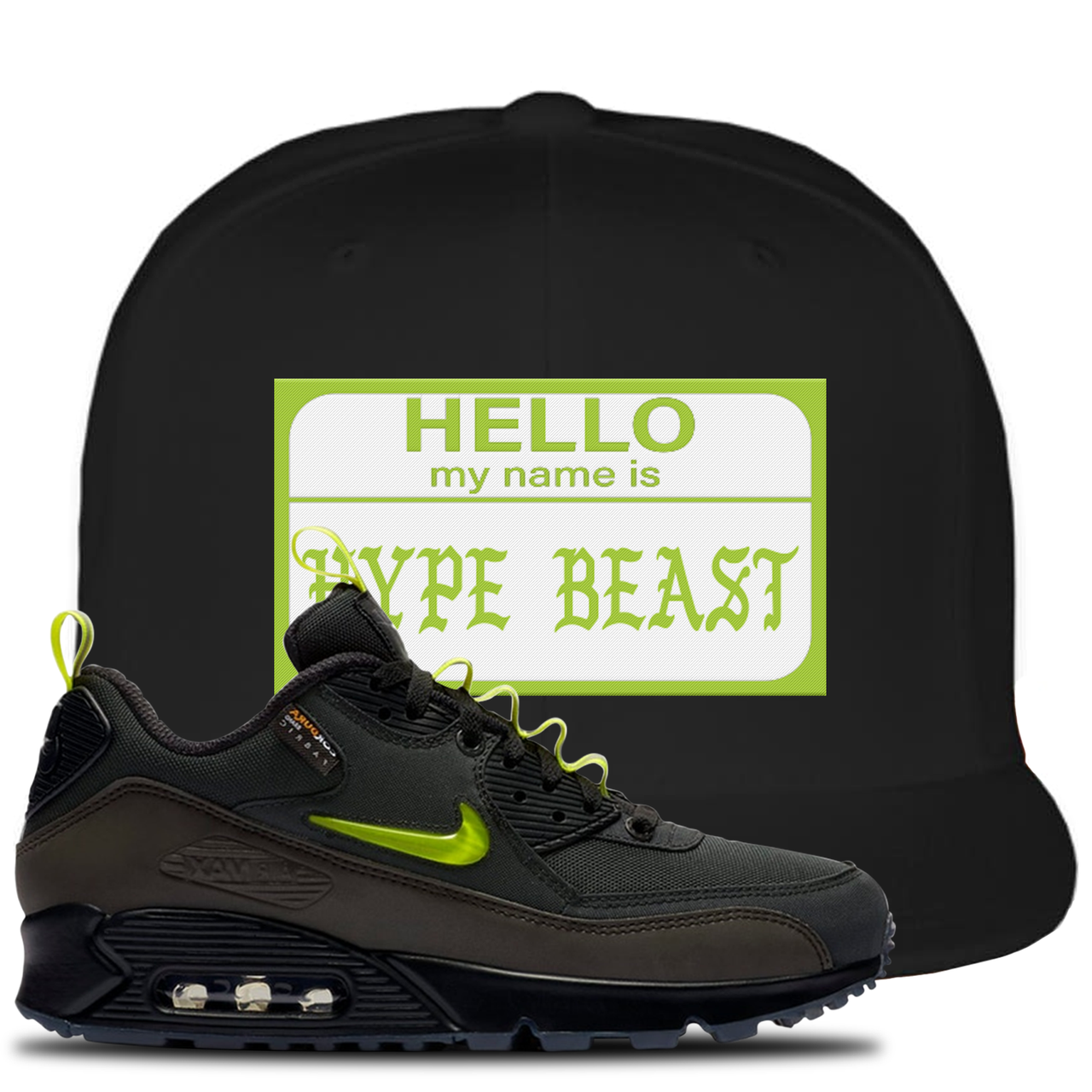The Basement X Air Max 90 Manchester Hello My Name is Hype Beast Black Sneaker Hook Up Snapback Hat