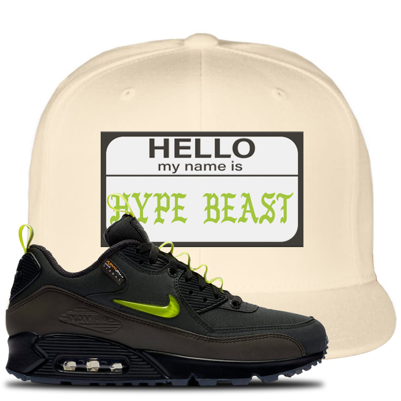 The Basement X Air Max 90 Manchester Hello My Name is Hype Beast White Sneaker Hook Up Snapback Hat