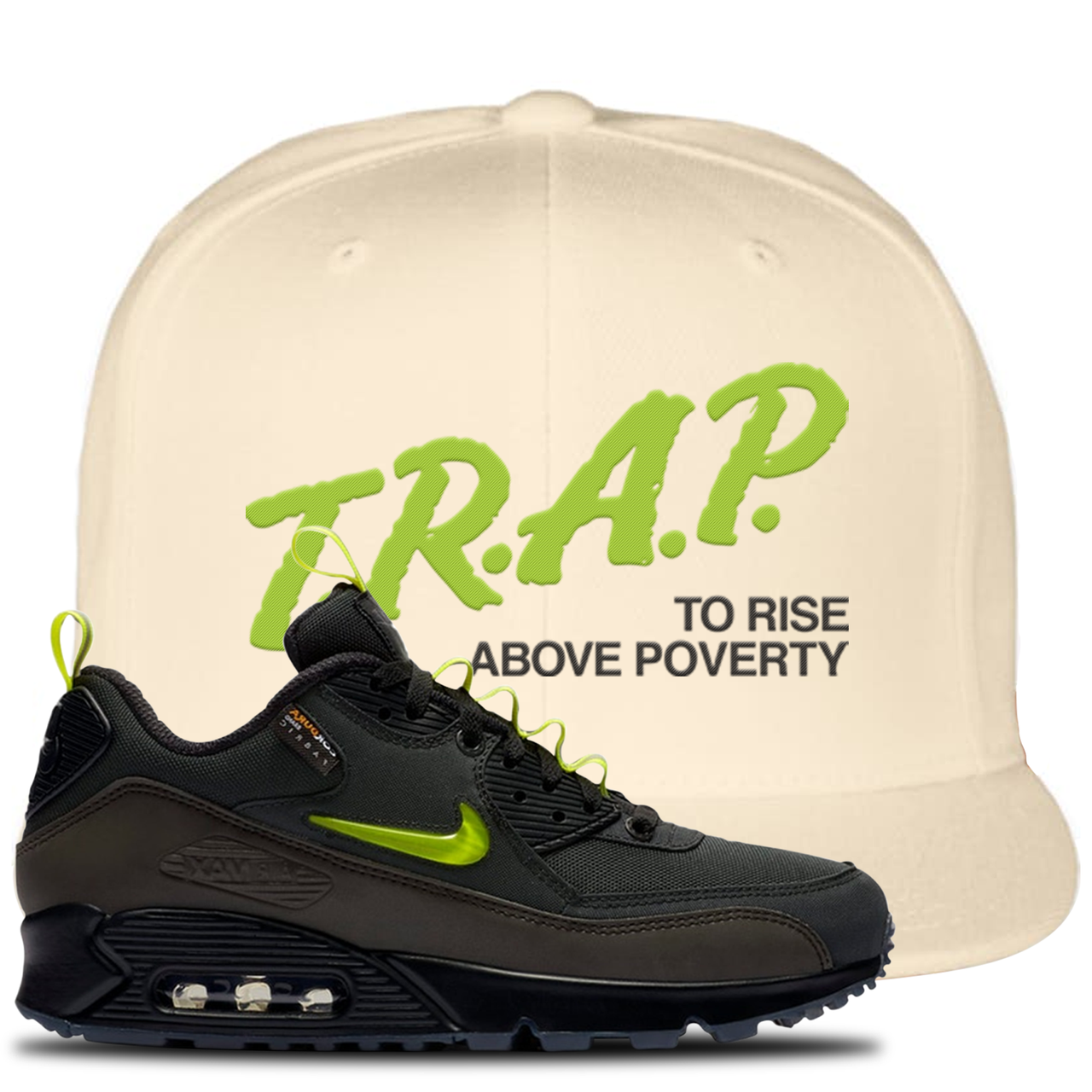 The Basement X Air Max 90 Manchester Trap to Rise Above Poverty White Sneaker Hook Up Snapback Hat