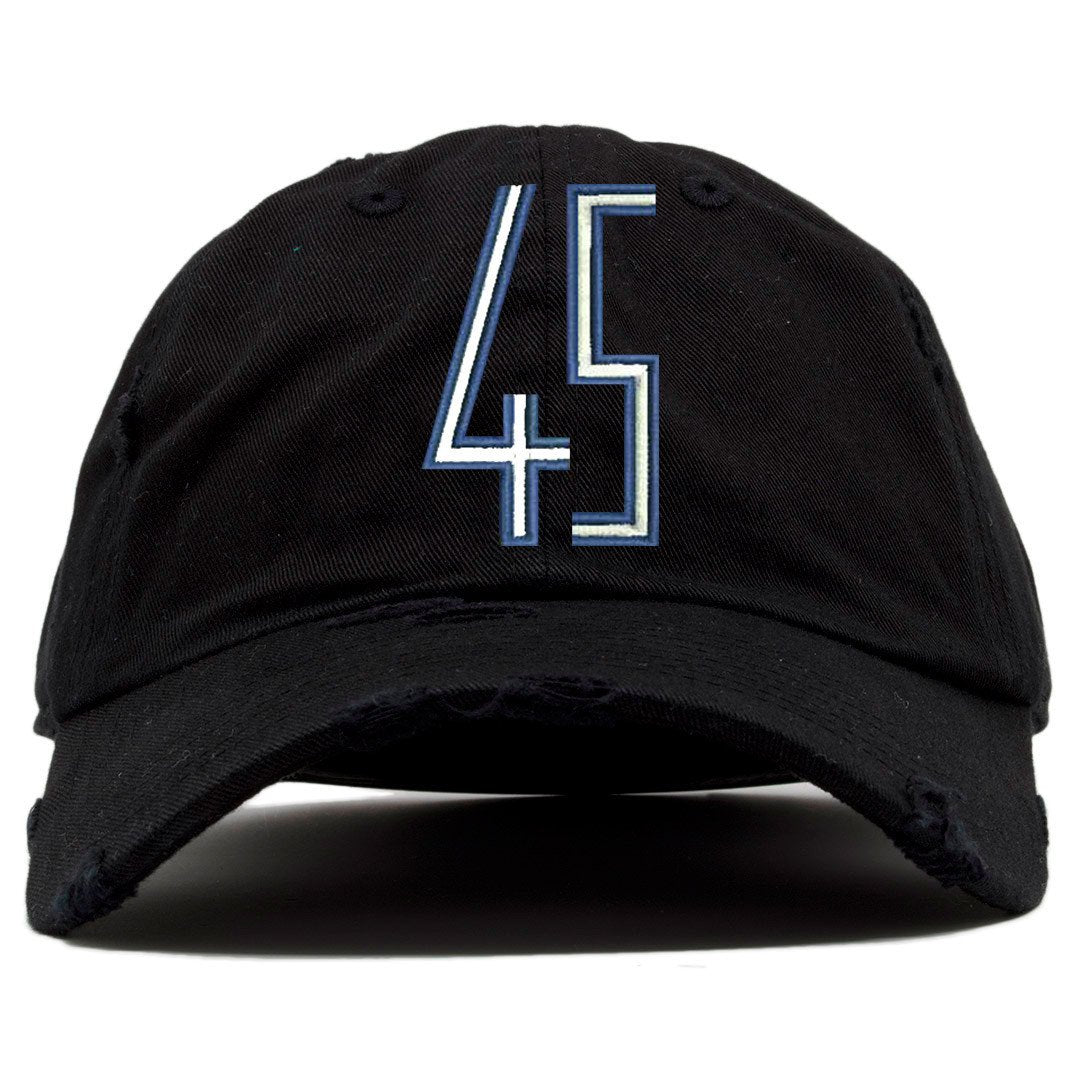 on the front of the space jam squad distressed dad hat there is a blue and white jordan 45 logo embroidered on the front