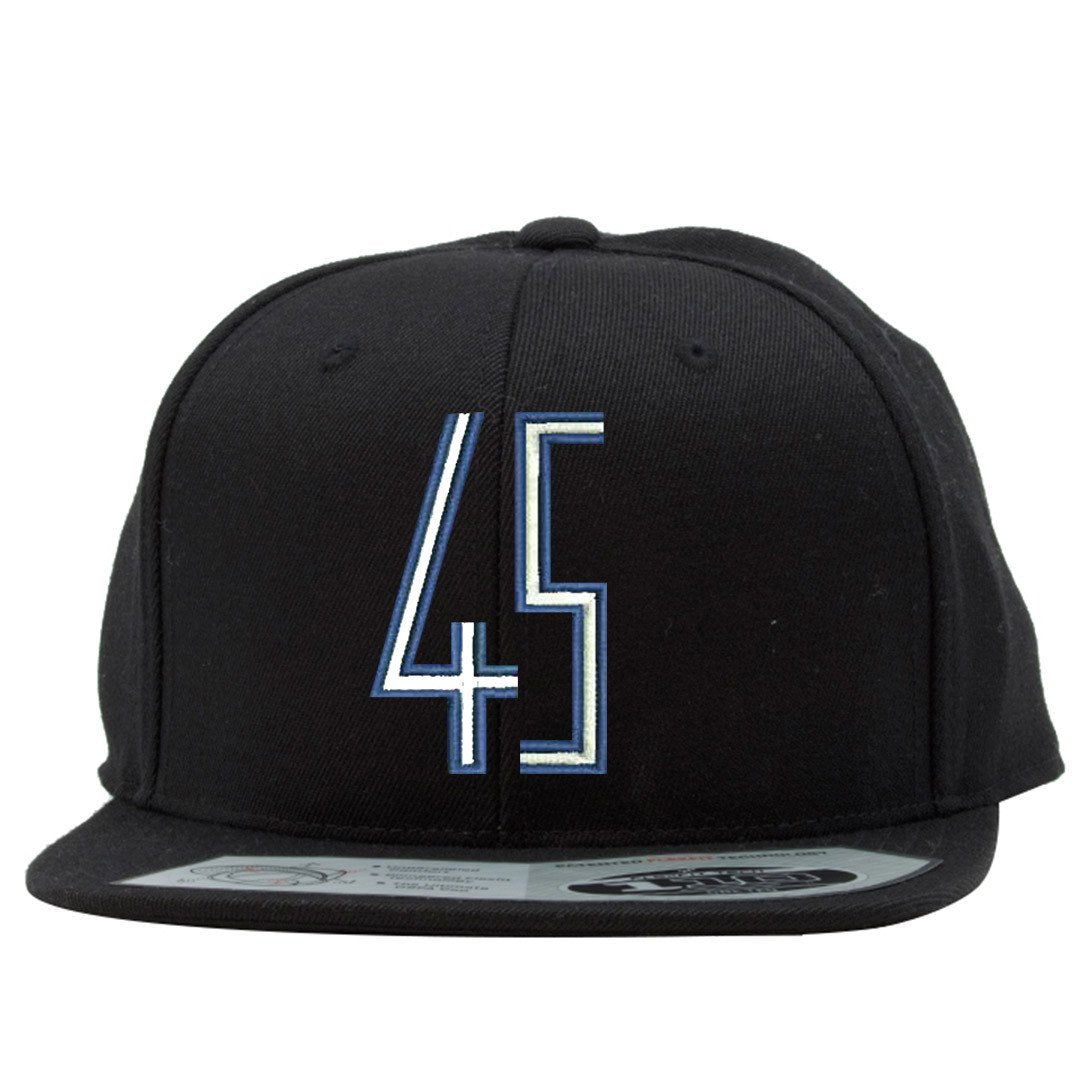 the space jam 45 snapback hat has a blue and white jordan 45 logo embroidered on the front