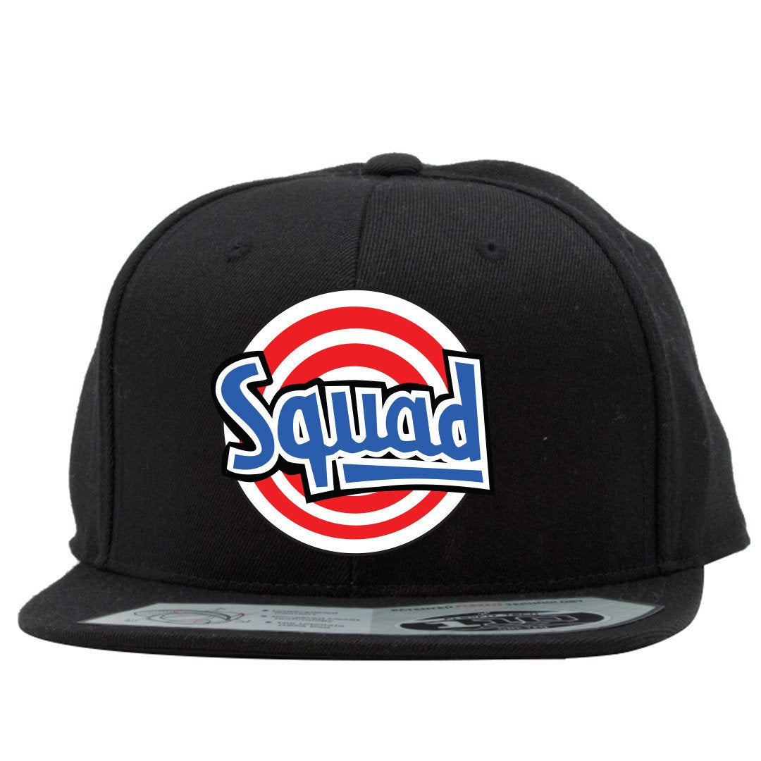 the tune squad space jam jordan 11 matching snapback hat has a red, white and blue logo embroidered on the front of a solid black snapback hat