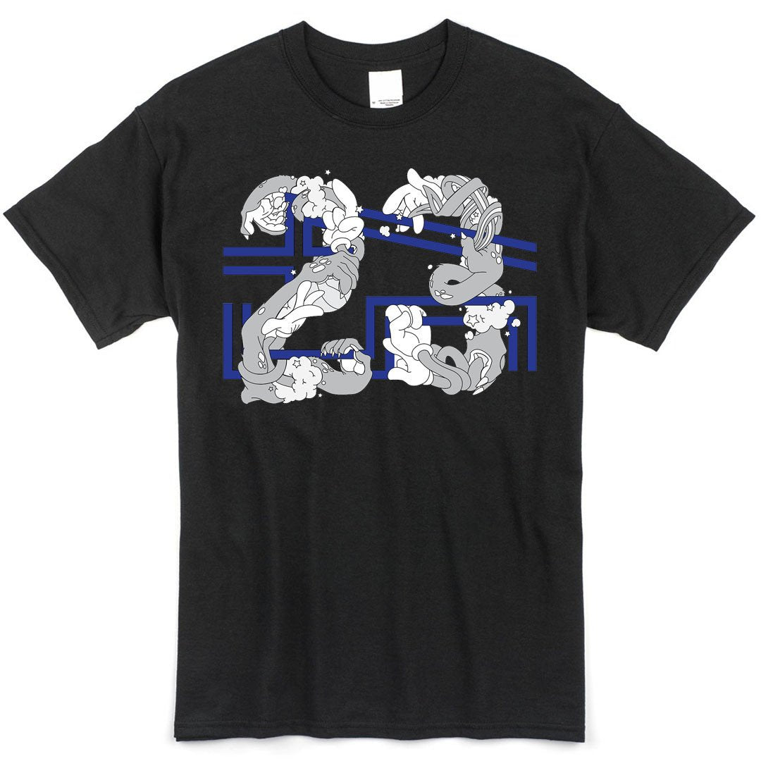 the space jam 23 x 45 t-shirt is solid black with a 23 x 45 logo printed on the front to match the space jam 11 jordan sneakers