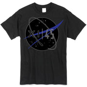 The Space Jam 11 sneaker matching NASA t-shirt is solid black and features a logo on the front that is inspired by NASA itself