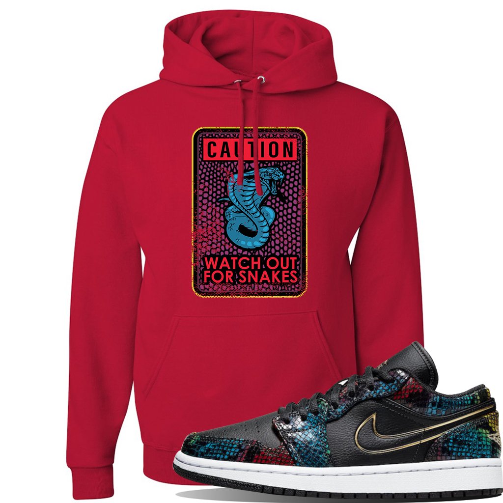 Jordan 1 Low Multicolor Snakeskin Sneaker Red Pullover Hoodie | Hoodie to match WMNS Jordan 1 Low Multicolor Snakeskin Shoes | Caution Snakes