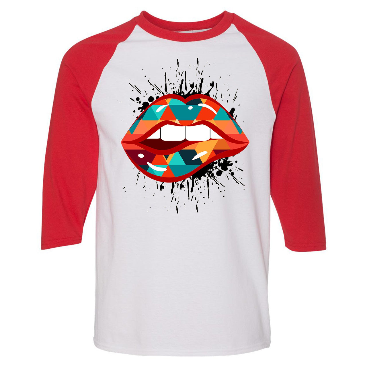 Multicolor 98s Raglan T Shirt | Lips Geometric Design, White and Red