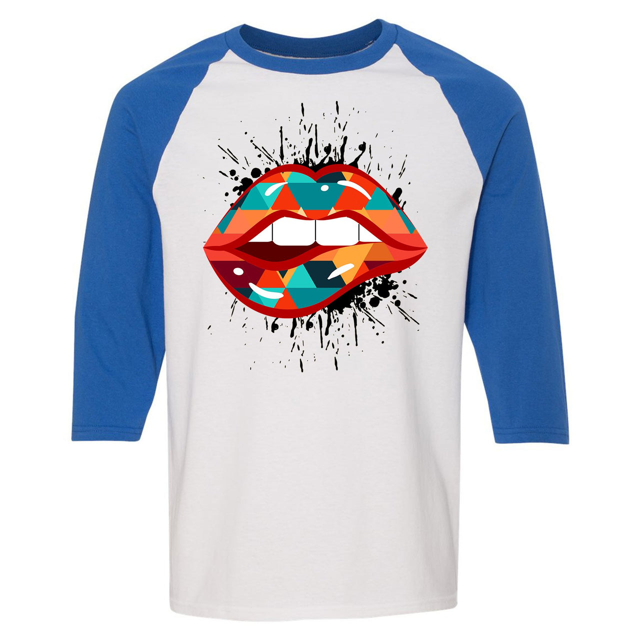 Multicolor 98s Raglan T Shirt | Lips Geometric Design, White and Royal Blue