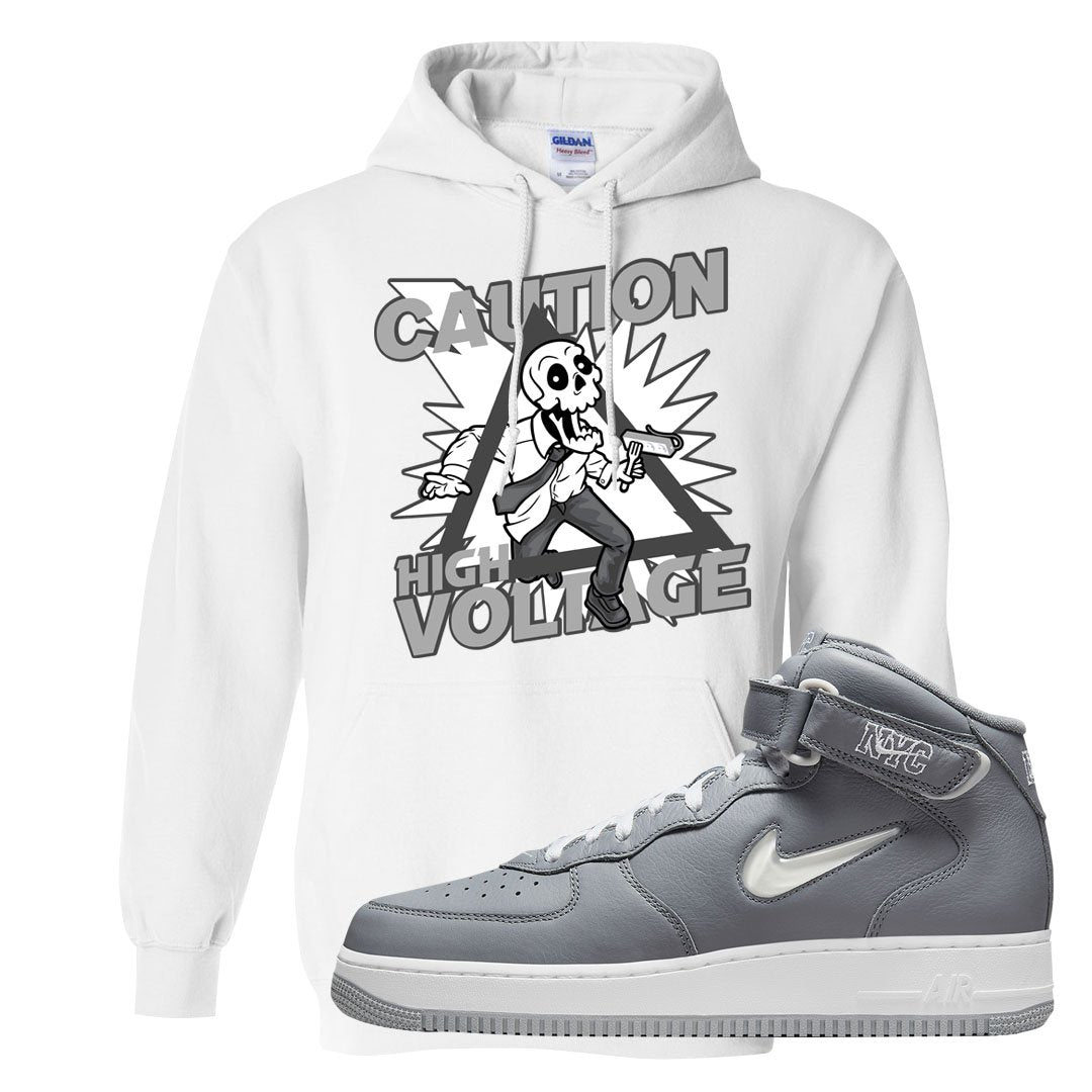 Cool Grey NYC Mid AF1s Hoodie | Caution High Voltage, White