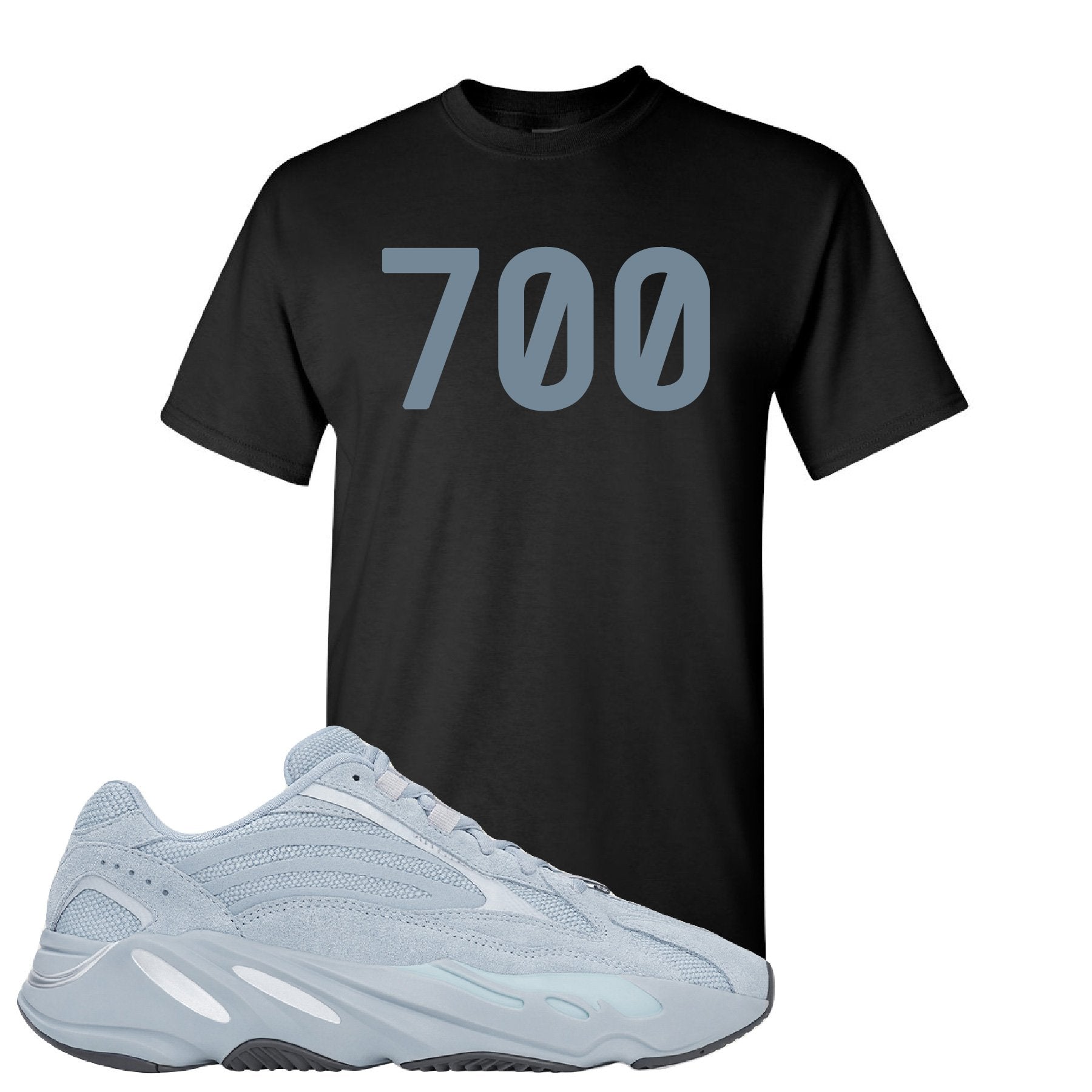 Yeezy Boost 700 V2 Hospital Blue 700 Sneaker Matching Black T-Shirt