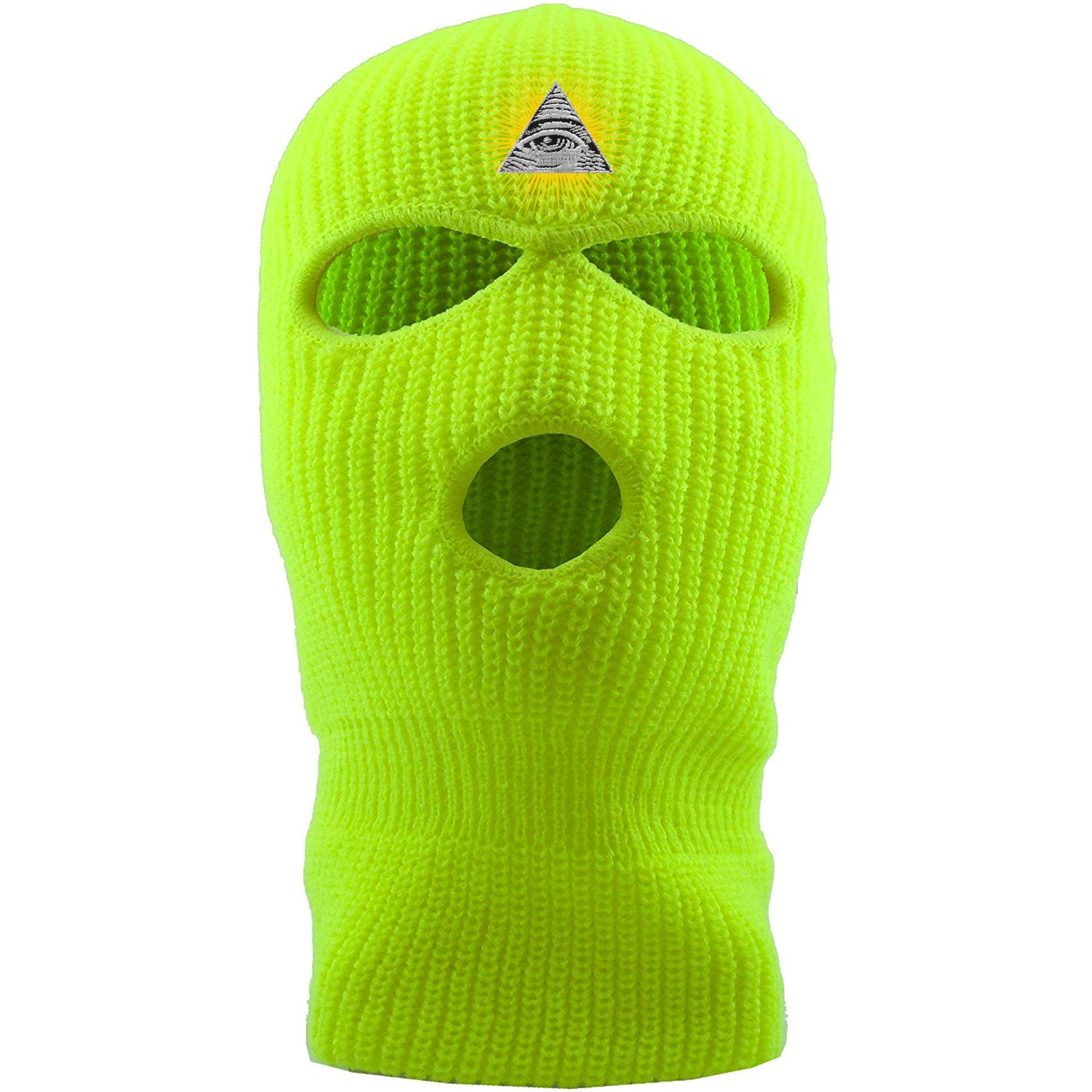Embroidered on the forehead of the safety yellow pyramid ski mask is the all seeing eye logo embroidered in white, black, and gold jackboys ski mask