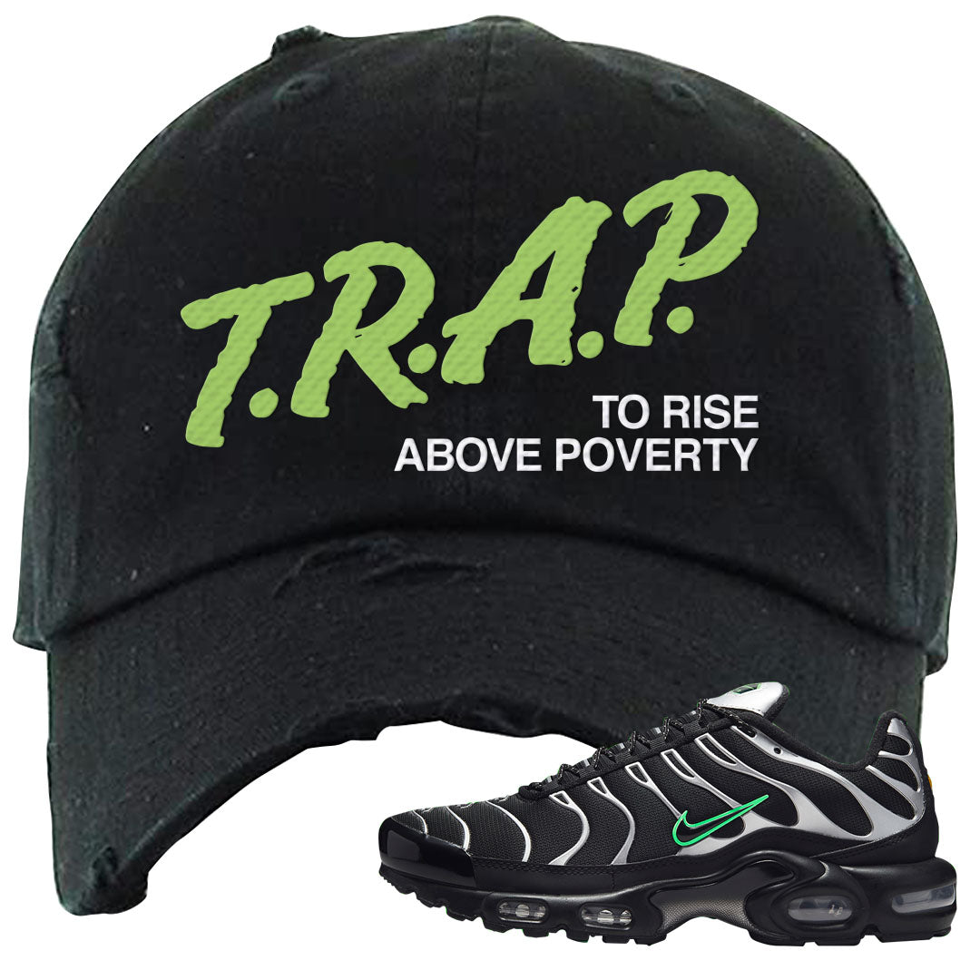 Neon Green Black Grey Pluses Distressed Dad Hat | Trap To Rise Above Poverty, Black