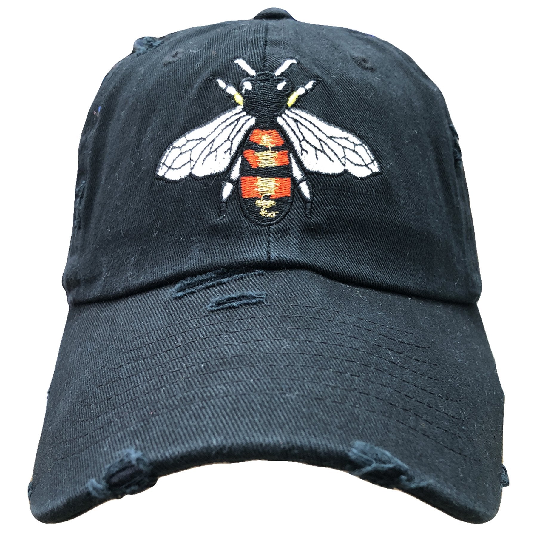 Embroidered on the front of the honey bee foot clan distressed dad hat is the honey bee logo embroidered in red, yellow, black and white