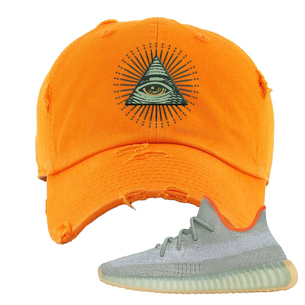 Yeezy 350 V2 Desert Sage Sneaker Distressed Dad Hat | All Seeing Eye | Orange