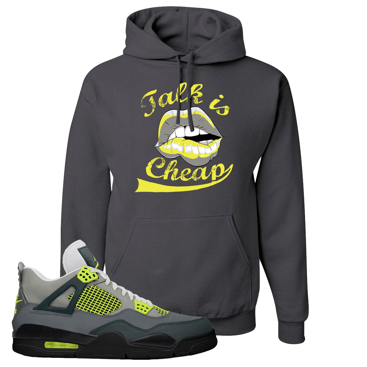 Jordan 4 Neon Sneaker Charcoal Gray Pullover Hoodie | Hoodie to match Nike Air Jordan 4 Neon Shoes | Talk Is Cheap