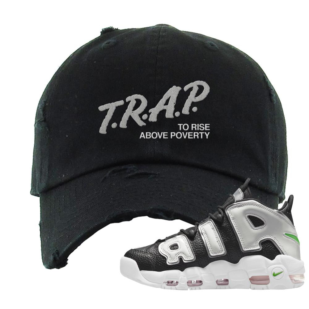 Black Silver Uptempos Distressed Dad Hat | Trap To Rise Above Poverty, Black