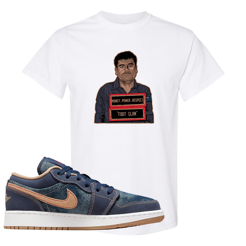 Denim Gum Bottom Low 1s T Shirt | El Chapo Illustration, White