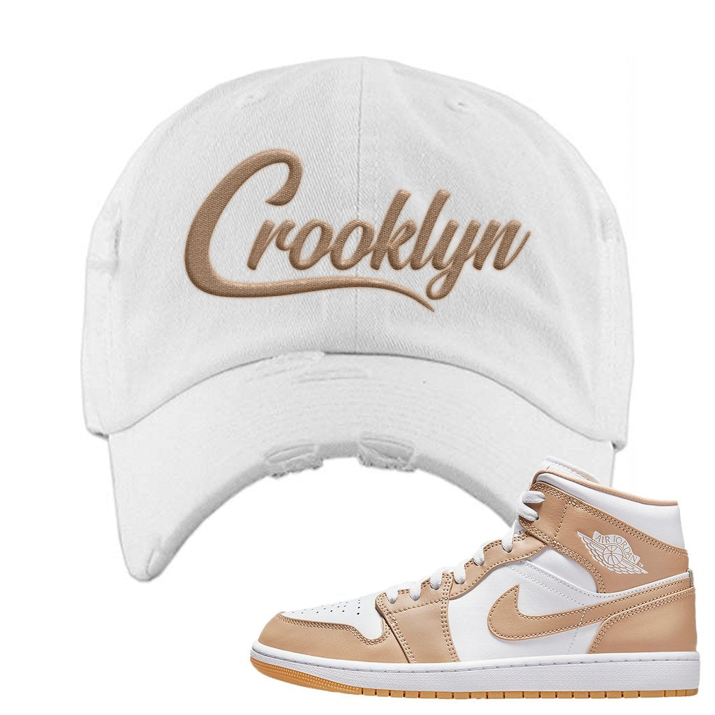 Air Jordan 1 Mid Tan Leather Distressed Dad Hat | Crooklyn, White