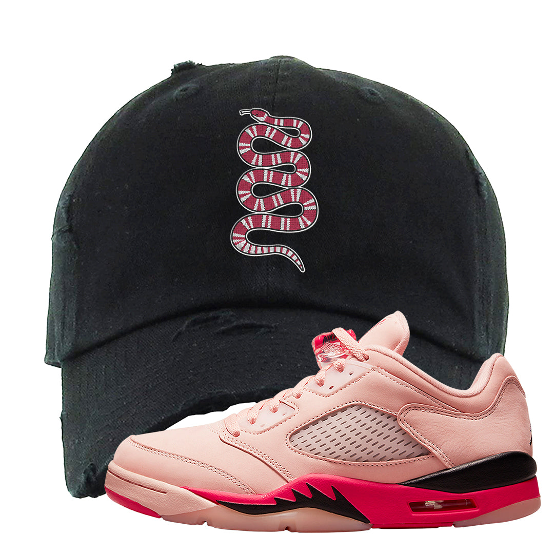 Arctic Pink Low 5s Distressed Dad Hat | Coiled Snake, Black