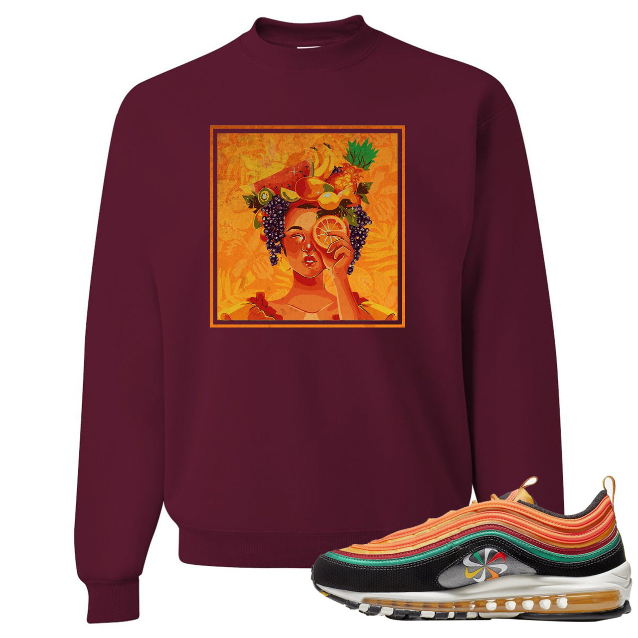 Printed on the front of the Air Max 97 Sunburst maroon sneaker matching crewneck sweatshirt is the Lady Fruit logo
