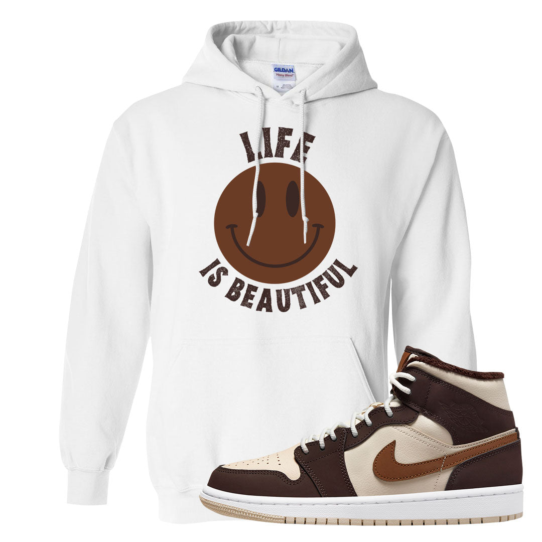 Brown Fleece Mid 1s Hoodie | Smile Life Is Beautiful, White