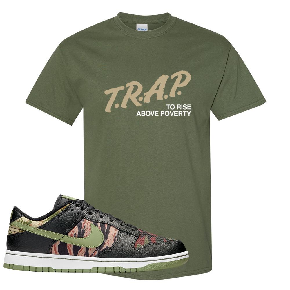 Multi Camo Low Dunks T Shirt | Trap To Rise Above Poverty, Military Green