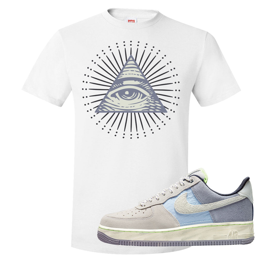 Womens Mountain White Blue AF 1s T Shirt | All Seeing Eye, White