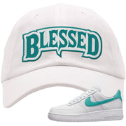 Washed Teal Low 1s Dad Hat | Blessed Arch, White