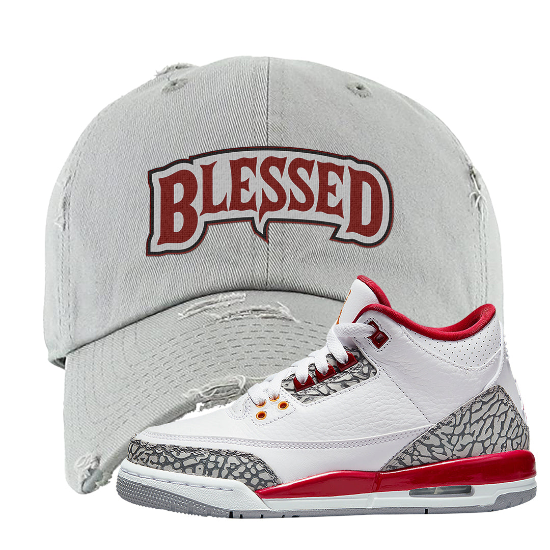 Cardinal Red 3s Distressed Dad Hat | Blessed Arch, Light Gray